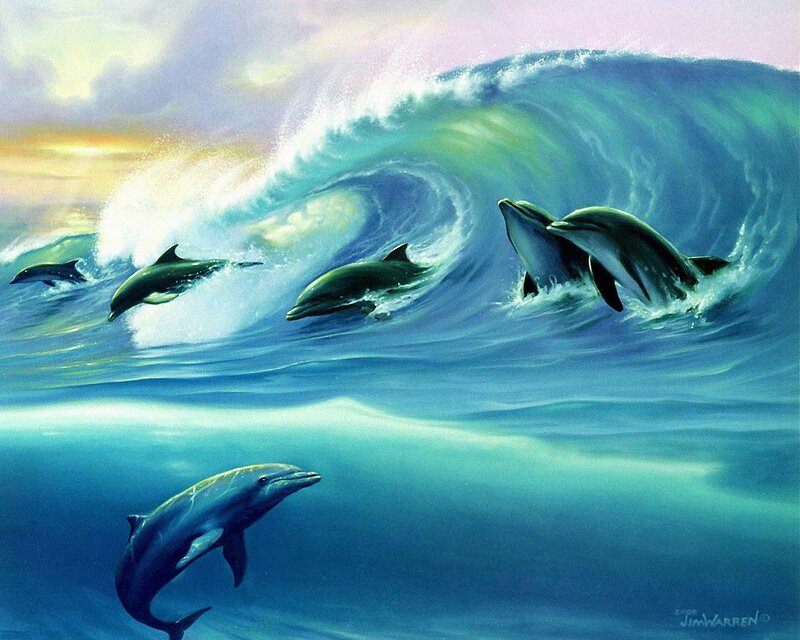 Dolphins in Ocean Wave — Blue, Dynamic, Sunset