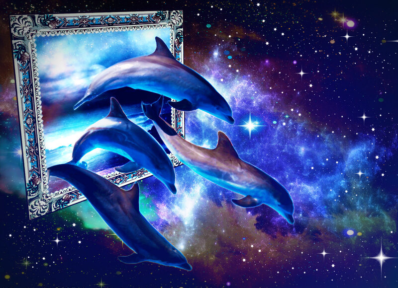 Dolphins in Space — Blue, Fantastical