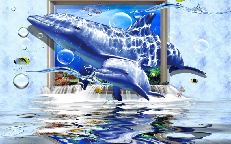 Dolphins in Water — Blue, Serene, Digital Art, Bubbles