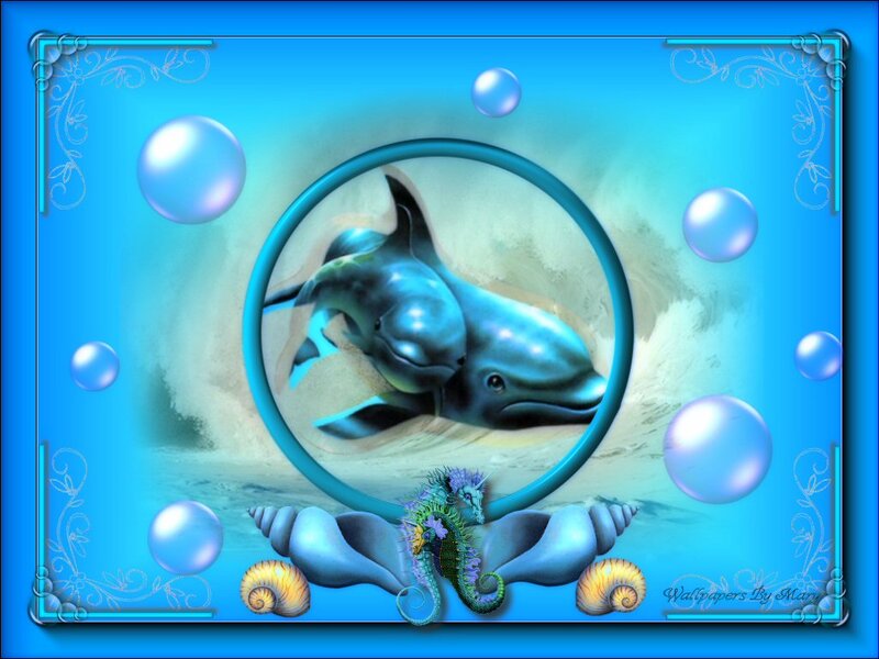 Dolphins in Water — Blue, Serene, Digital Art