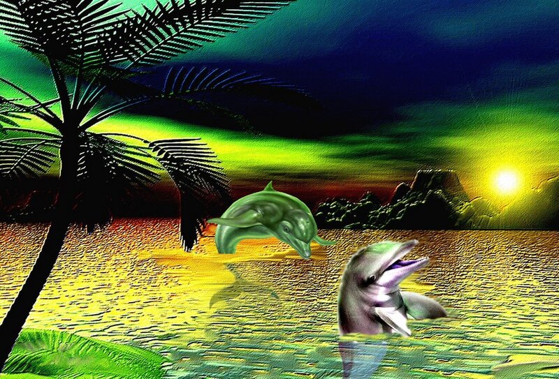Dolphins in Water — Green, Serene