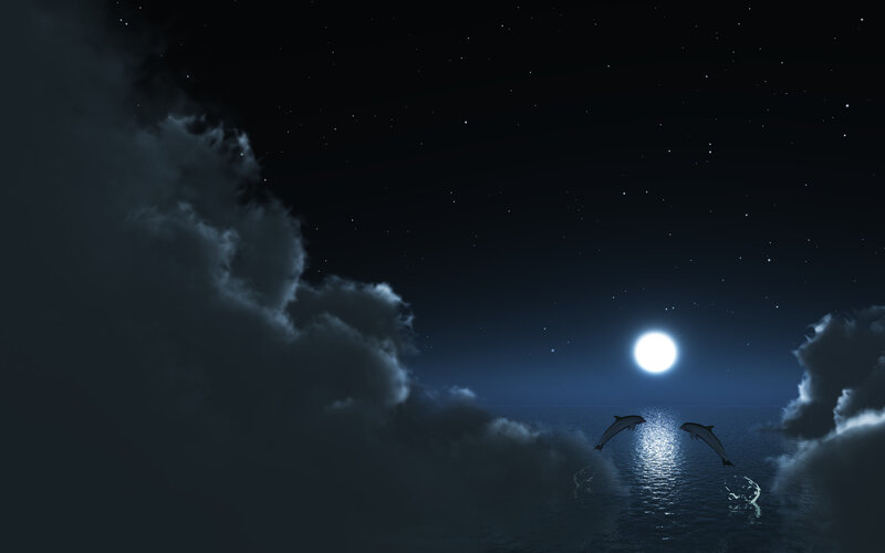 Dolphins Jumping at Night — Blue, Serene, Digital Art, Moon, Stars, Clouds