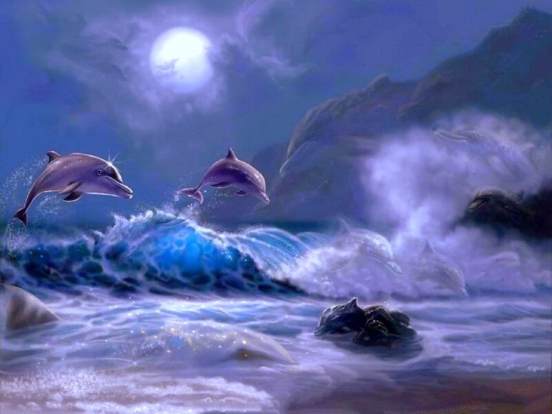 Dolphins Jumping at Night — Blue, Serene, Digital Art