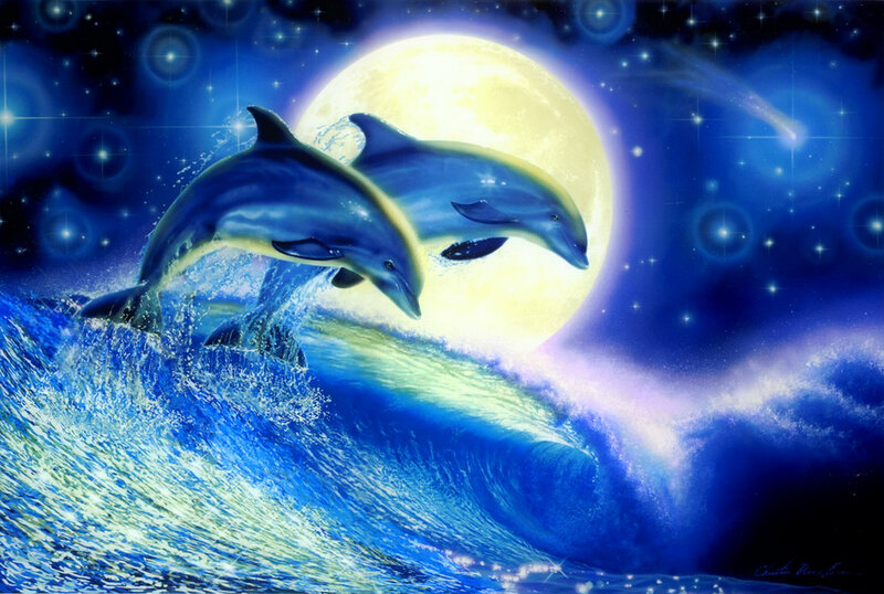 Dolphins Jumping at Night — Blue, Serene