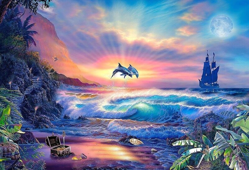 Dolphins Jumping at Sunset — Blue, Serene