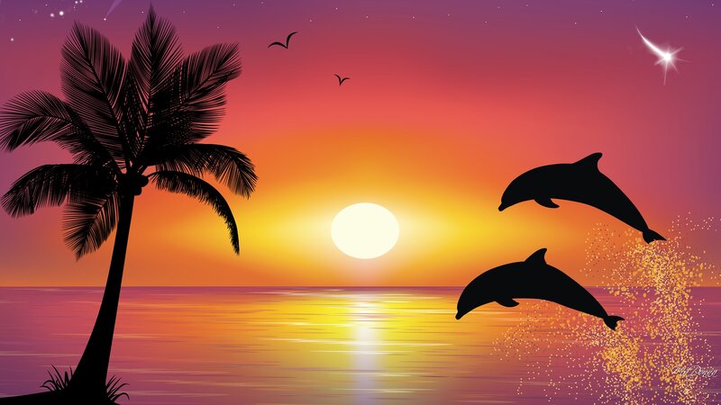Dolphins Jumping at Sunset — Orange, Serene, Digital Art, Palm Tree