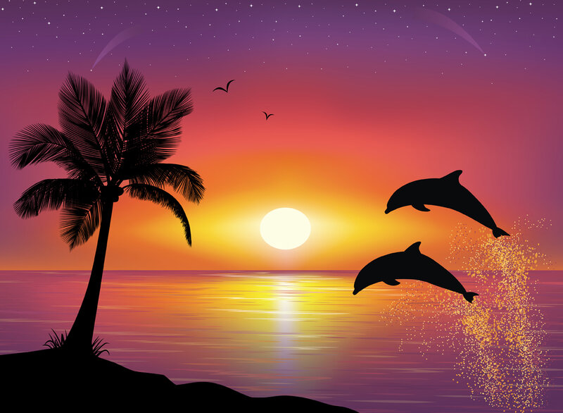 Dolphins Jumping at Sunset — Purple