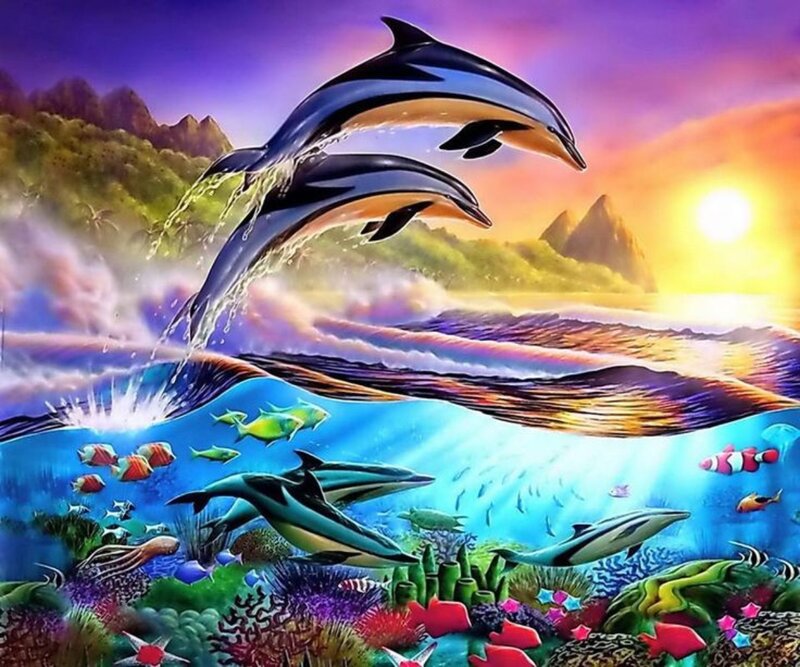 Dolphins Jumping — Blue, Vibrant