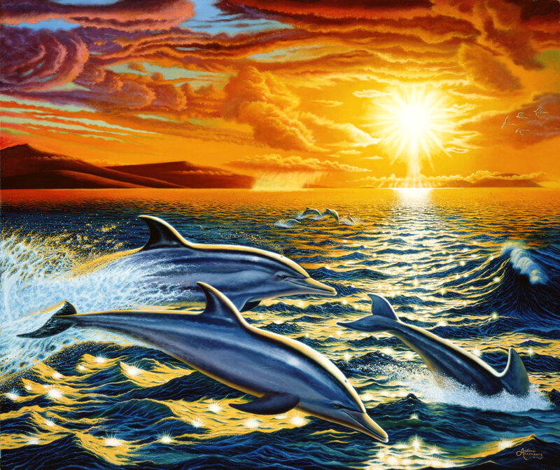 Dolphins Jumping in Ocean — Blue, Dramatic