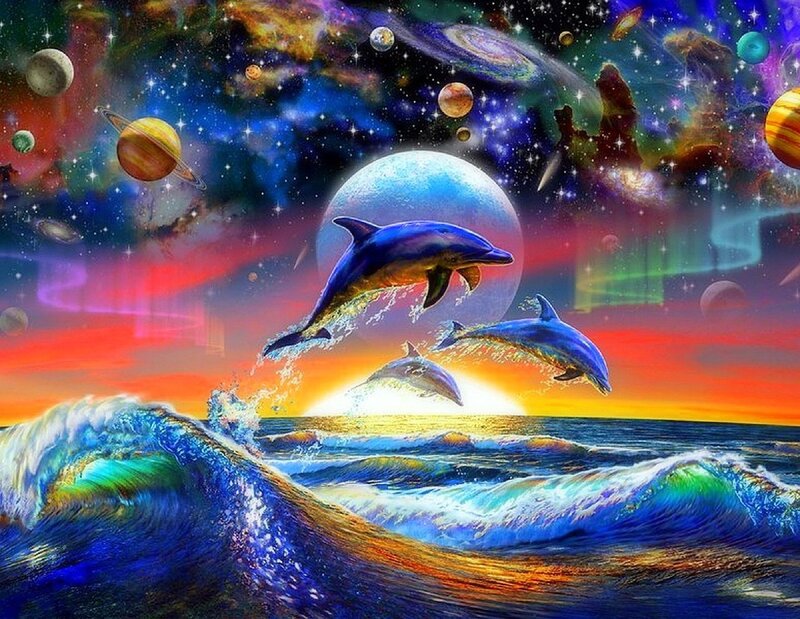 Dolphins Jumping in Ocean — Blue, Fantastical, Sunset