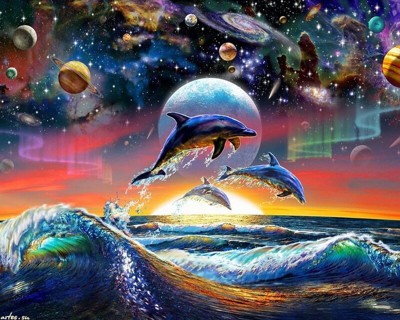 Dolphins Jumping in Ocean — Blue, Fantastical