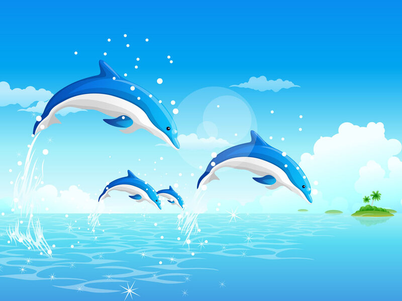 Dolphins Jumping in Ocean — Blue, Playful, Afternoon, Illustration