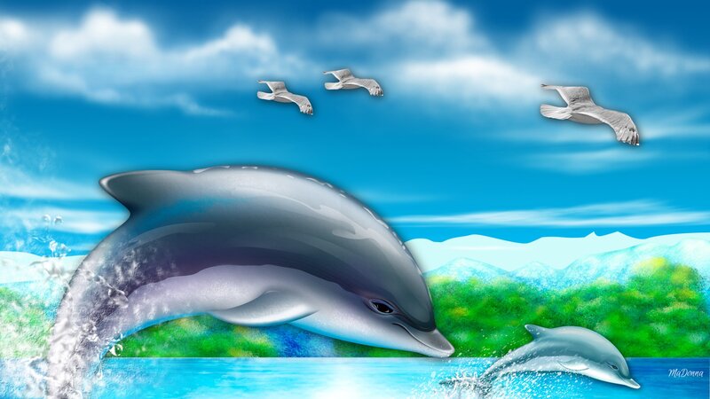 Dolphins Jumping in Ocean — Blue, Serene, Afternoon, Digital Art