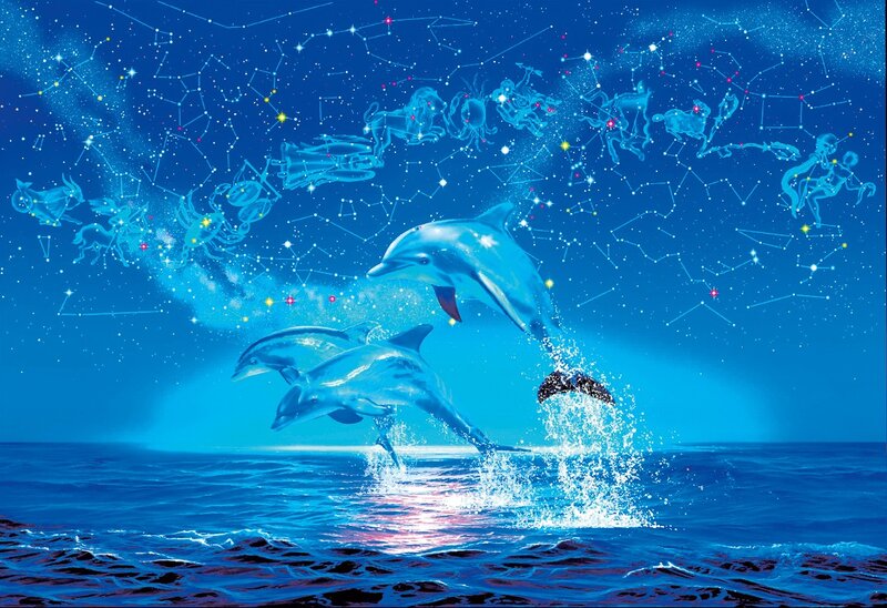 Dolphins Jumping in Ocean — Blue, Serene, Night, Digital Art