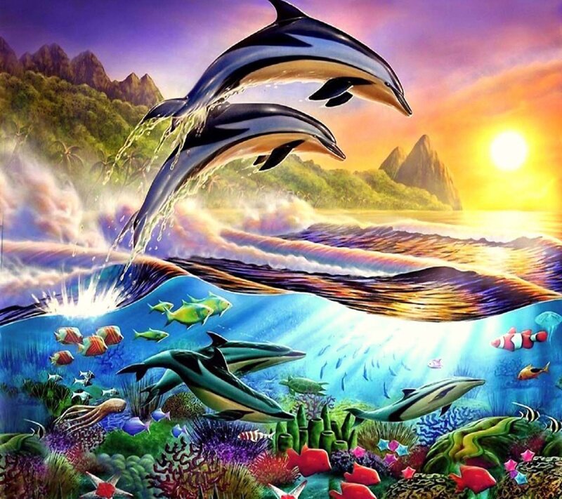 Dolphins Jumping in Ocean — Blue, Vibrant, Sunset, Digital Art