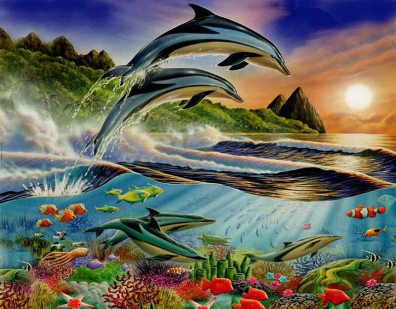 Dolphins Jumping in Ocean — Blue, Vibrant, Sunset, Painting