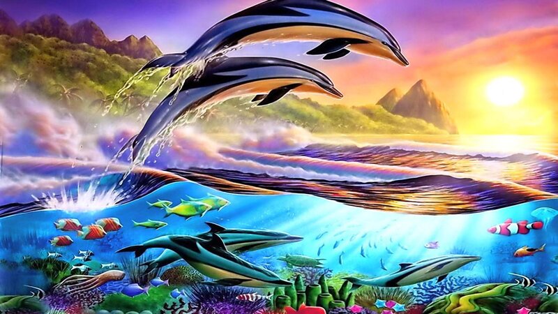 Dolphins Jumping in Ocean — Blue, Vibrant, Sunset