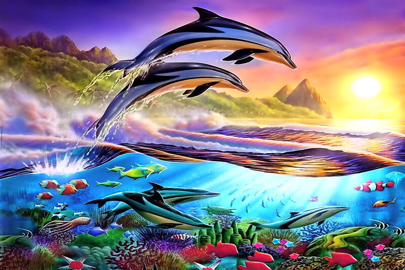 Dolphins Jumping in Ocean — Blue, Vibrant