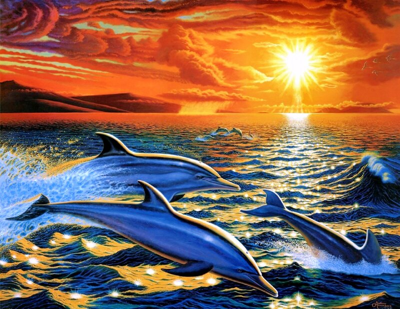 Dolphins Jumping in Ocean — Orange, Dramatic