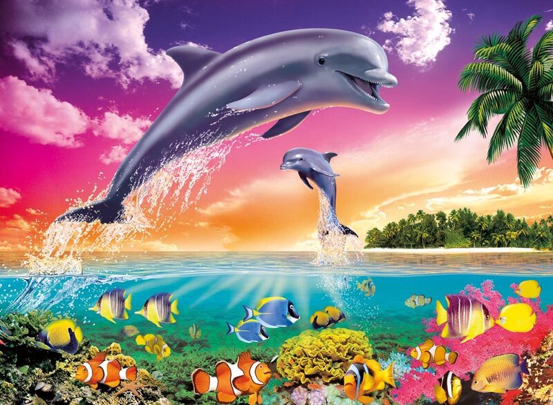 Dolphins Jumping in Ocean — Pink