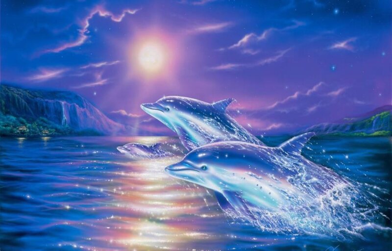 Dolphins Jumping in Water — Blue, Serene, Night