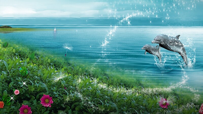 Dolphins Jumping in Water — Green, Serene, Afternoon
