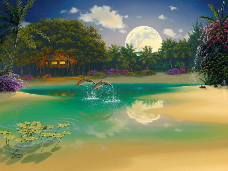 Dolphins leaping at moonlight