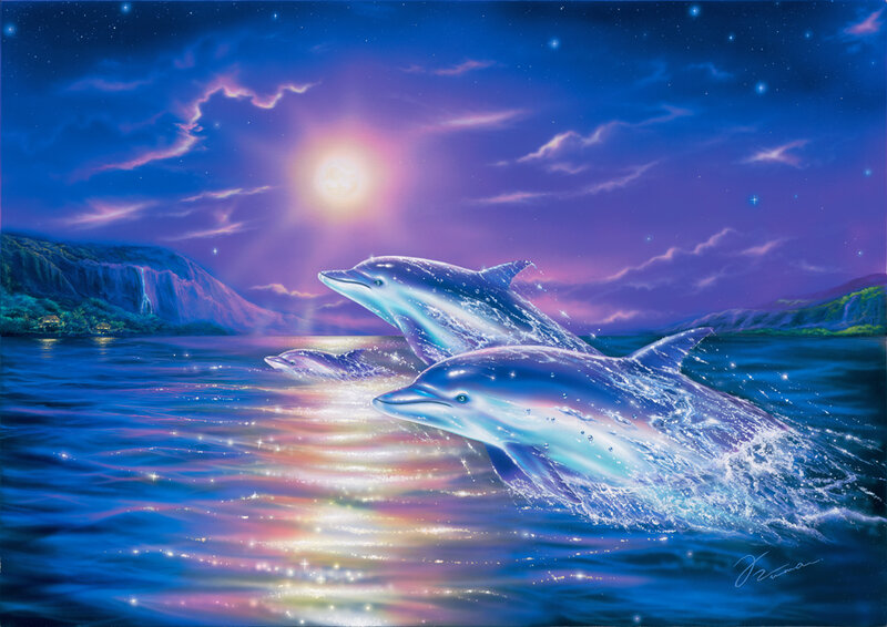 Dolphins Leaping at Night — Blue