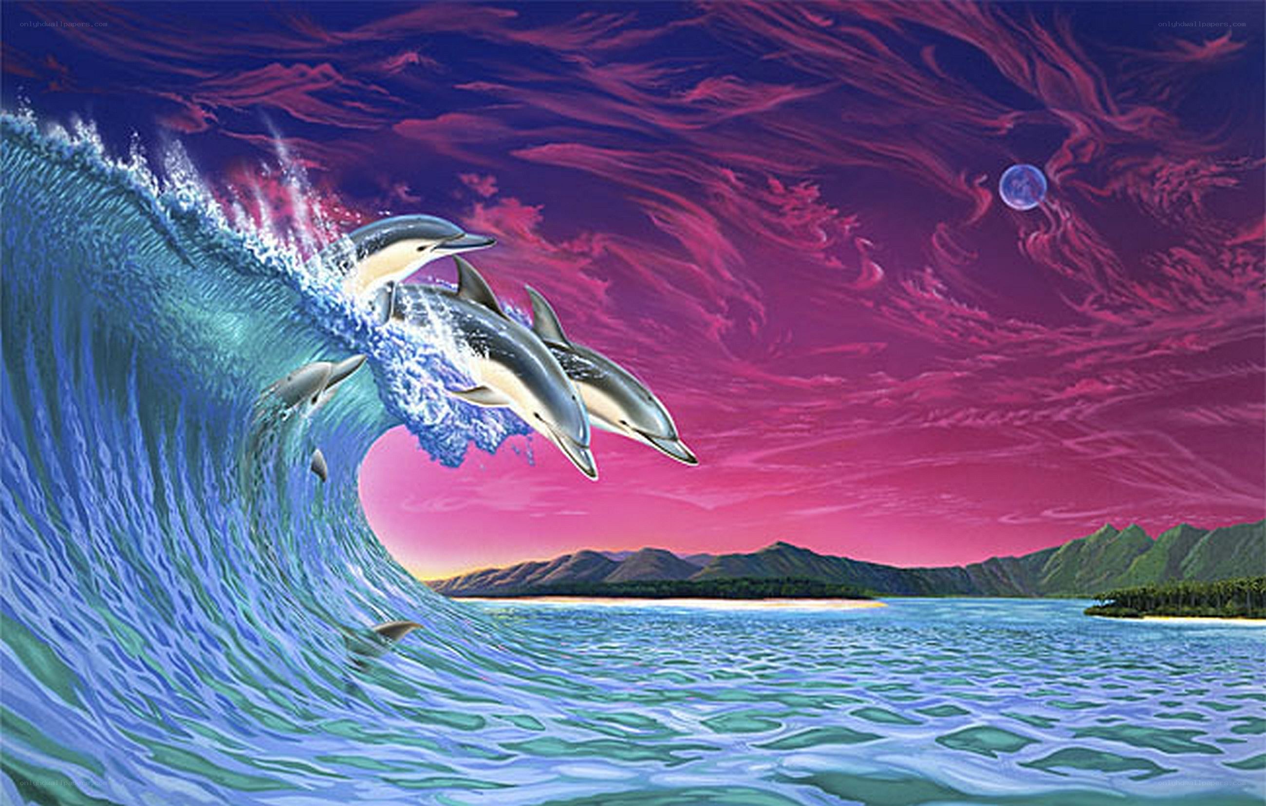 Dolphins leaping in a wave