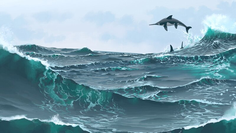 Dolphins Leaping in Ocean — Blue, Dynamic, Digital Art