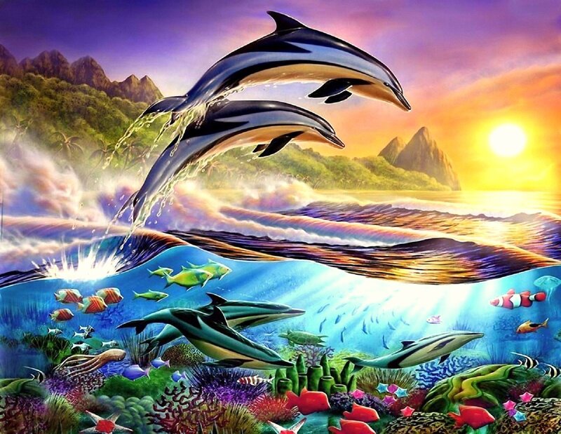 Dolphins Leaping in Ocean — Blue, Vibrant