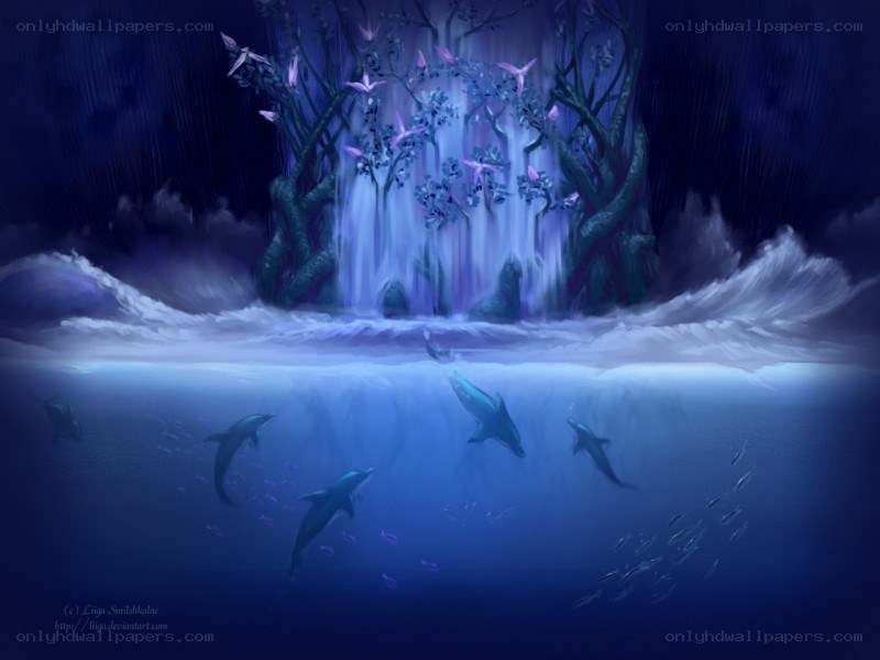 dolphins near a magical waterfall