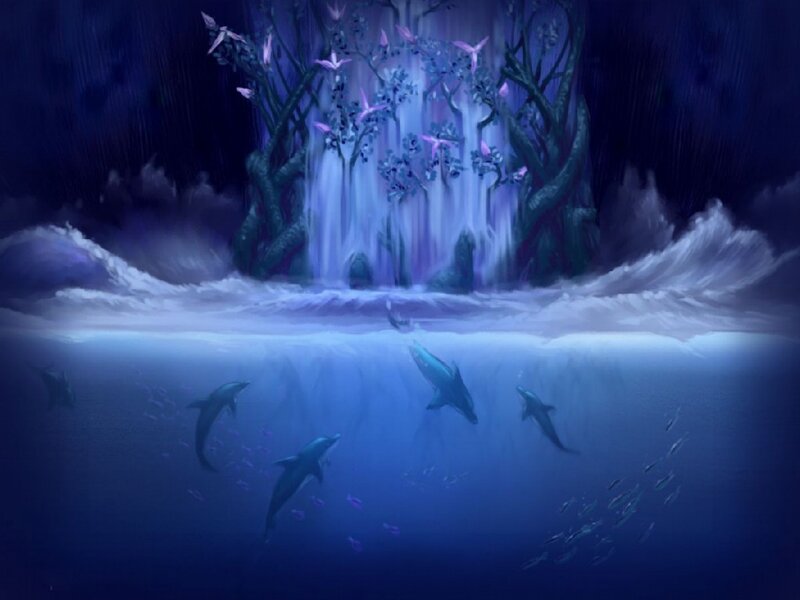 dolphins near glowing waterfall