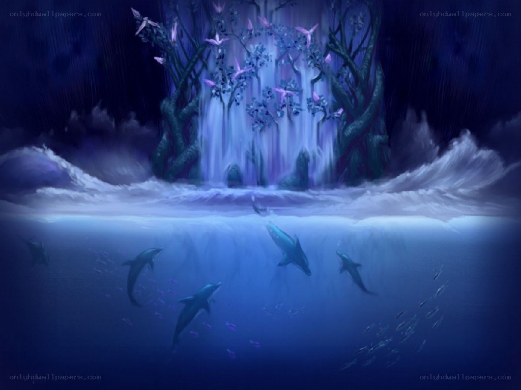 dolphins near glowing waterfall