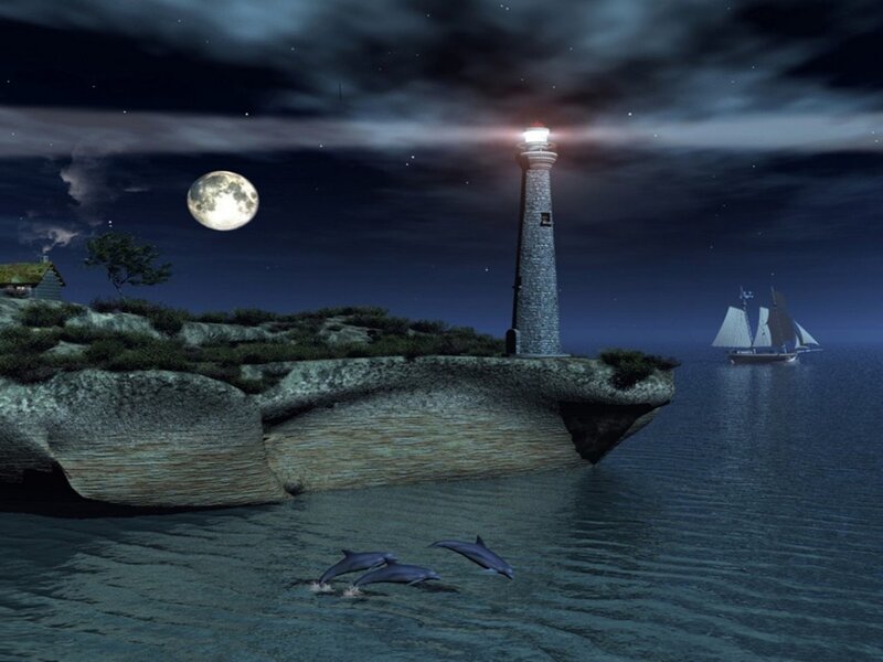 Dolphins Near Lighthouse — Blue