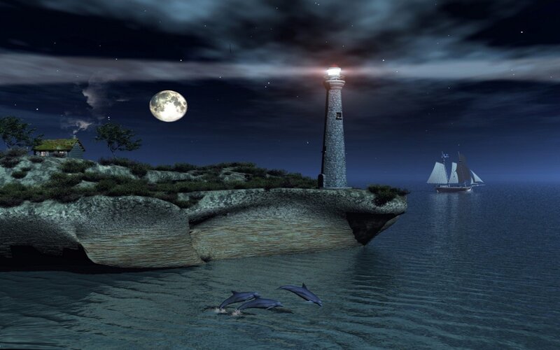 Dolphins Near Lighthouse