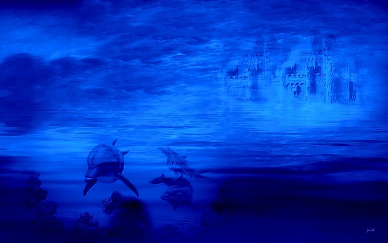 Dolphins near sunken castle
