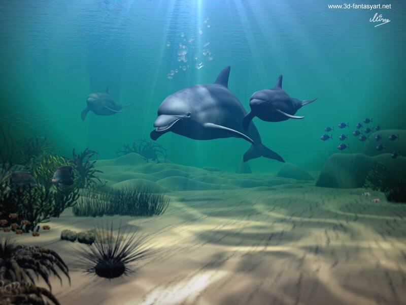 Dolphins Swimming Underwater — Blue, Serene, 3d Render