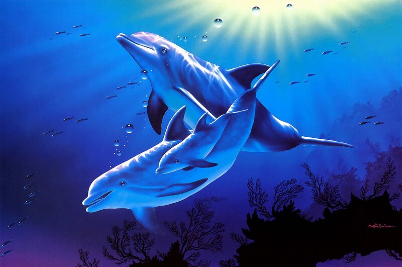 Dolphins Swimming Underwater — Blue, Serene, Digital Art, Fish