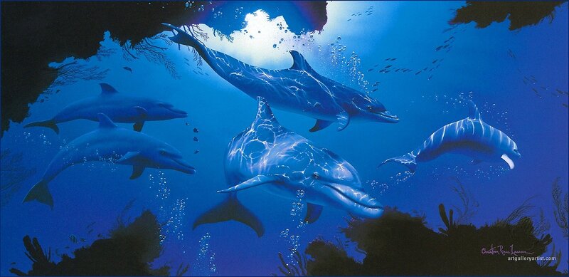 Dolphins Swimming Underwater — Blue, Serene, Illustration