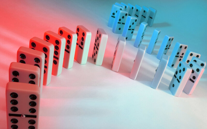 dominoes in red and blue light