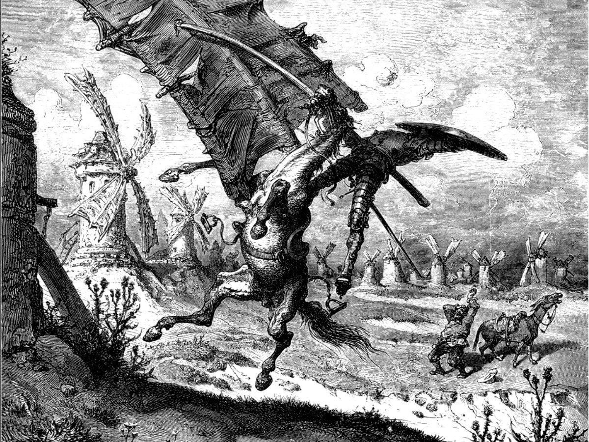 Don Quixote battles windmills