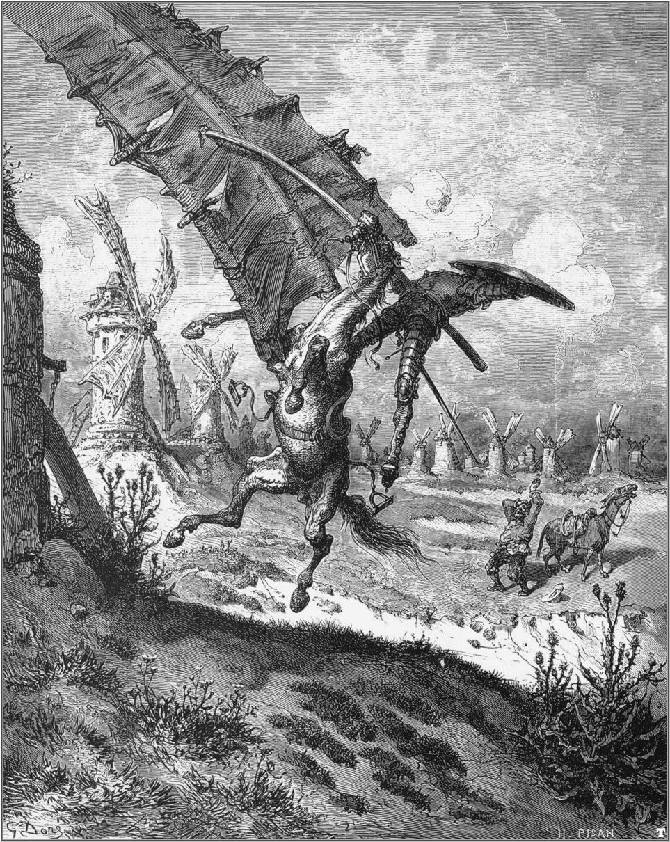 Don Quixote battles windmills