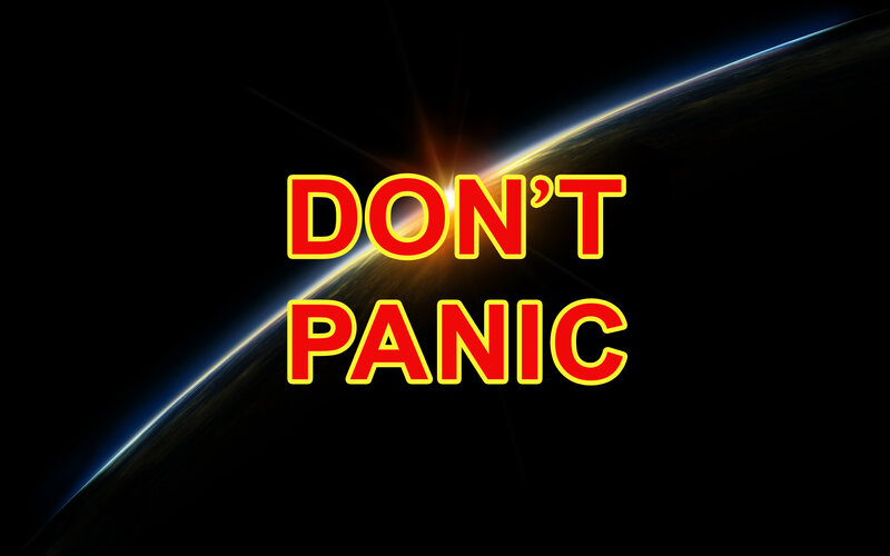 Don't Panic text on Earth view
