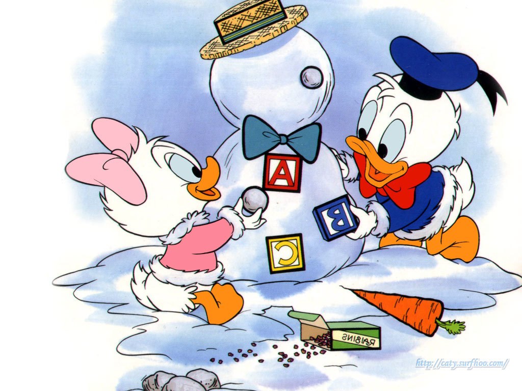 Donald and Daisy building a snowman