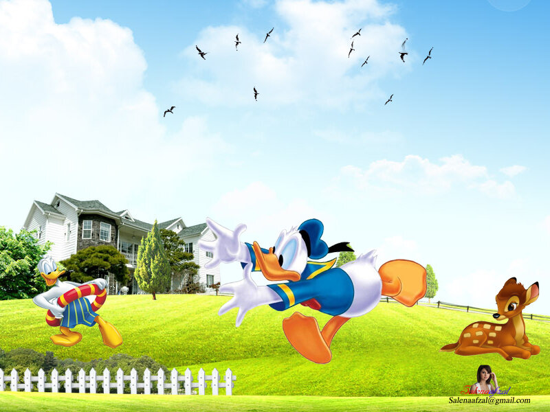 Donald Duck and Bambi in a park