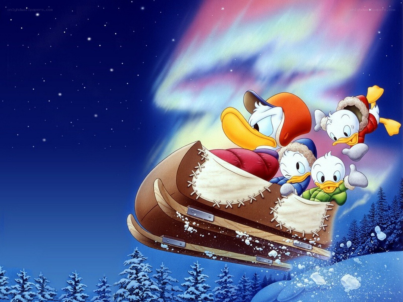 Donald Duck and nephews sledding