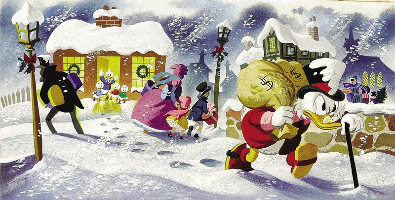 Donald Duck in a snowy town