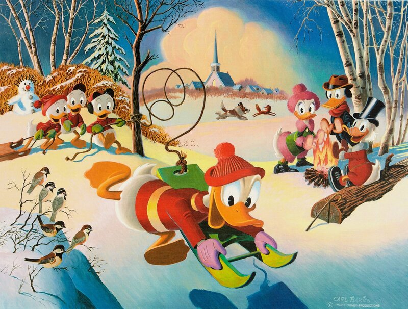 Donald Duck sledding in winter