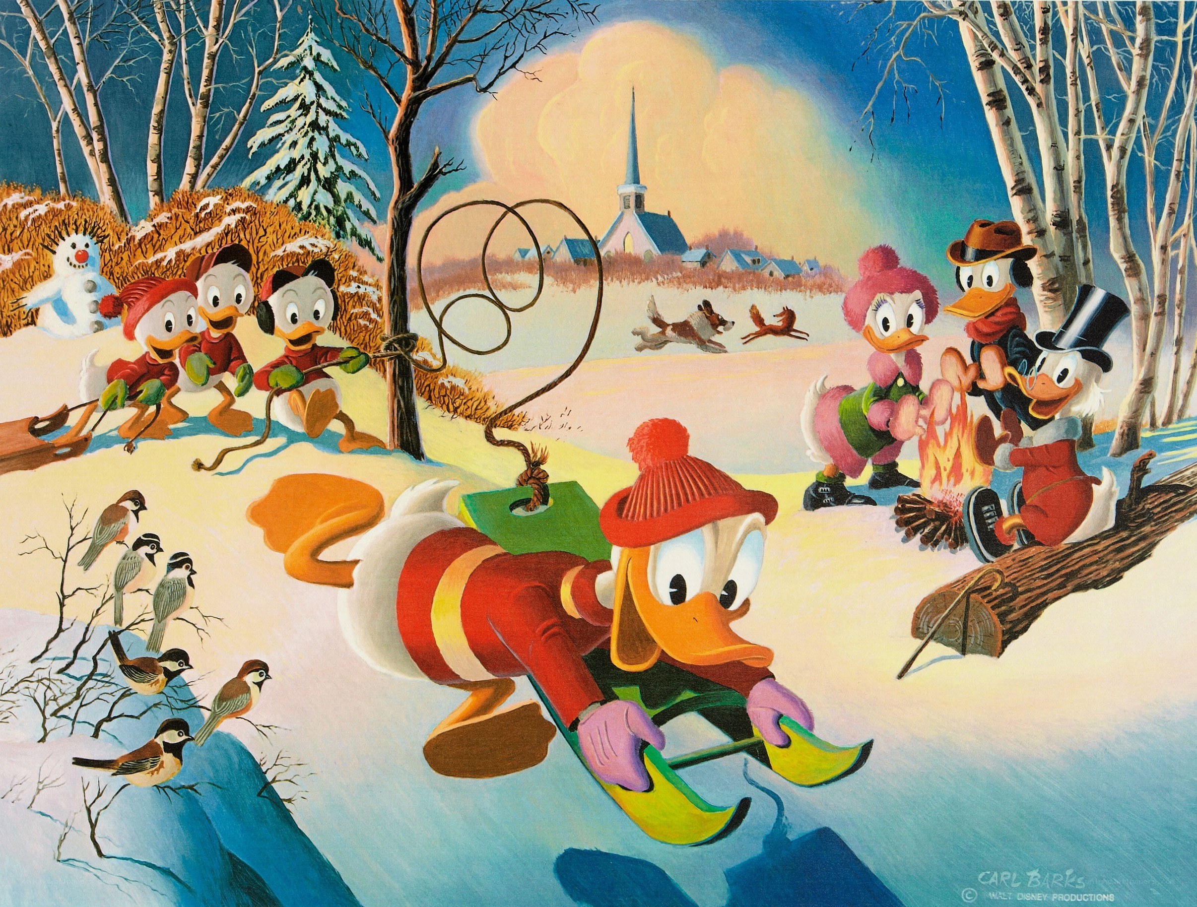 Donald Duck sledding in winter